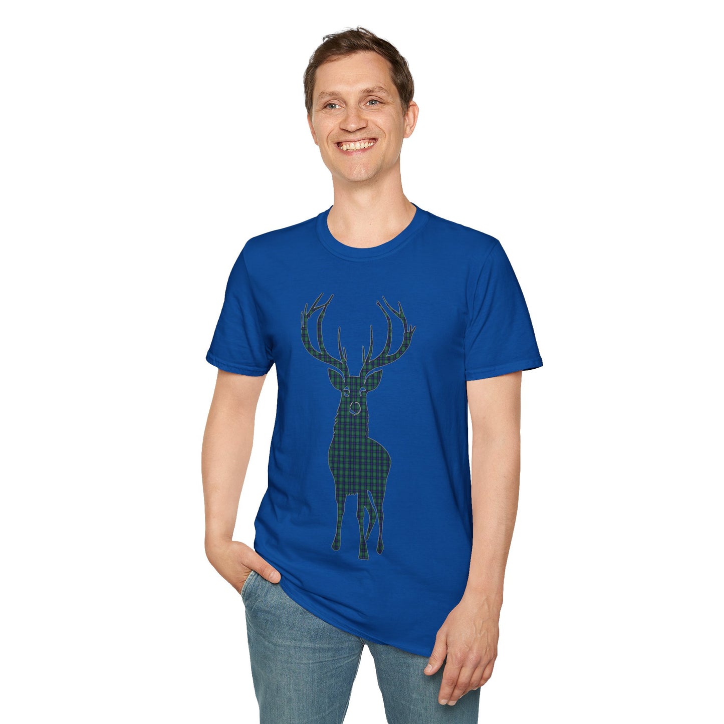 Tartan Stag Softstyle T-Shirt - Douglas Tartan, Unisex Tee, Scottish Scenery, Various Colours