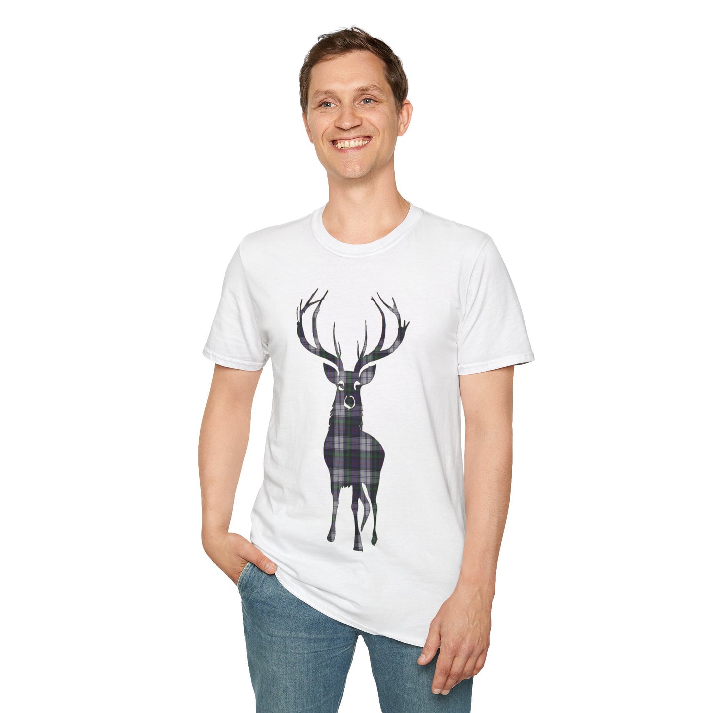 Tartan Stag Softstyle T-Shirt - Argyle Dress Tartan, Unisex Tee, Scottish Scenery, Various Colours