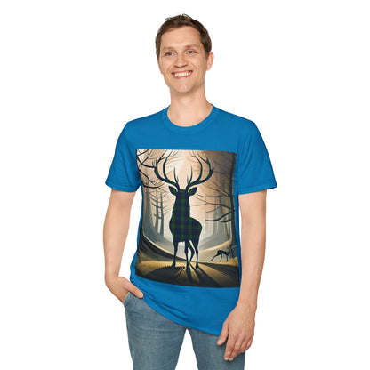 Stag Tartan Silhouette Softstyle T-Shirt - Black Watch Tartan, Unisex Tee, Scottish Scenery, Various Colours