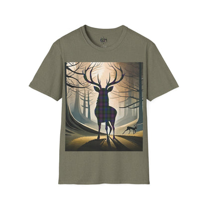 Stag Tartan Silhouette Softstyle T-Shirt - Rankin Tartan, Unisex Tee, Scottish Scenery, Various Colours