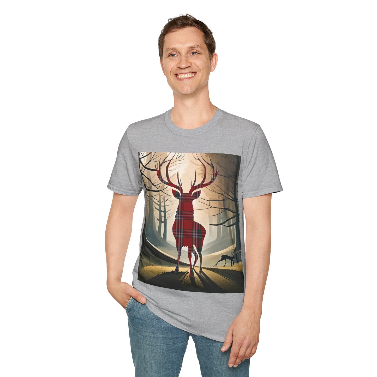 Stag Tartan Silhouette Softstyle T-Shirt - MacFarlane Tartan, Unisex Tee, Scottish Scenery, Various Colours