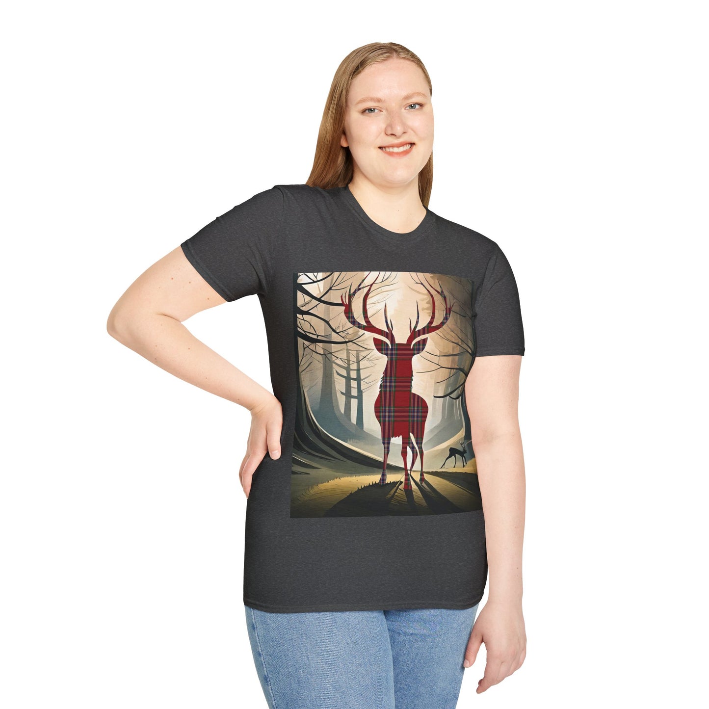 Stag Tartan Silhouette Softstyle T-Shirt - MacFarlane Tartan, Unisex Tee, Scottish Scenery, Various Colours