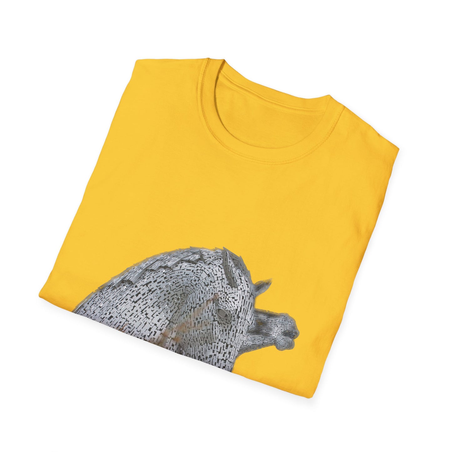 Scottish Kelpies with Meadow No Sky Photo Softstyle Unisex T-Shirt, Scotland Tee