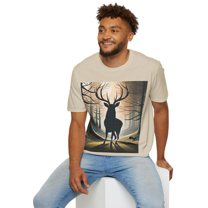 Stag Tartan Silhouette Softstyle T-Shirt - Argyle Tartan, Unisex Tee, Scottish Scenery, Various Colours