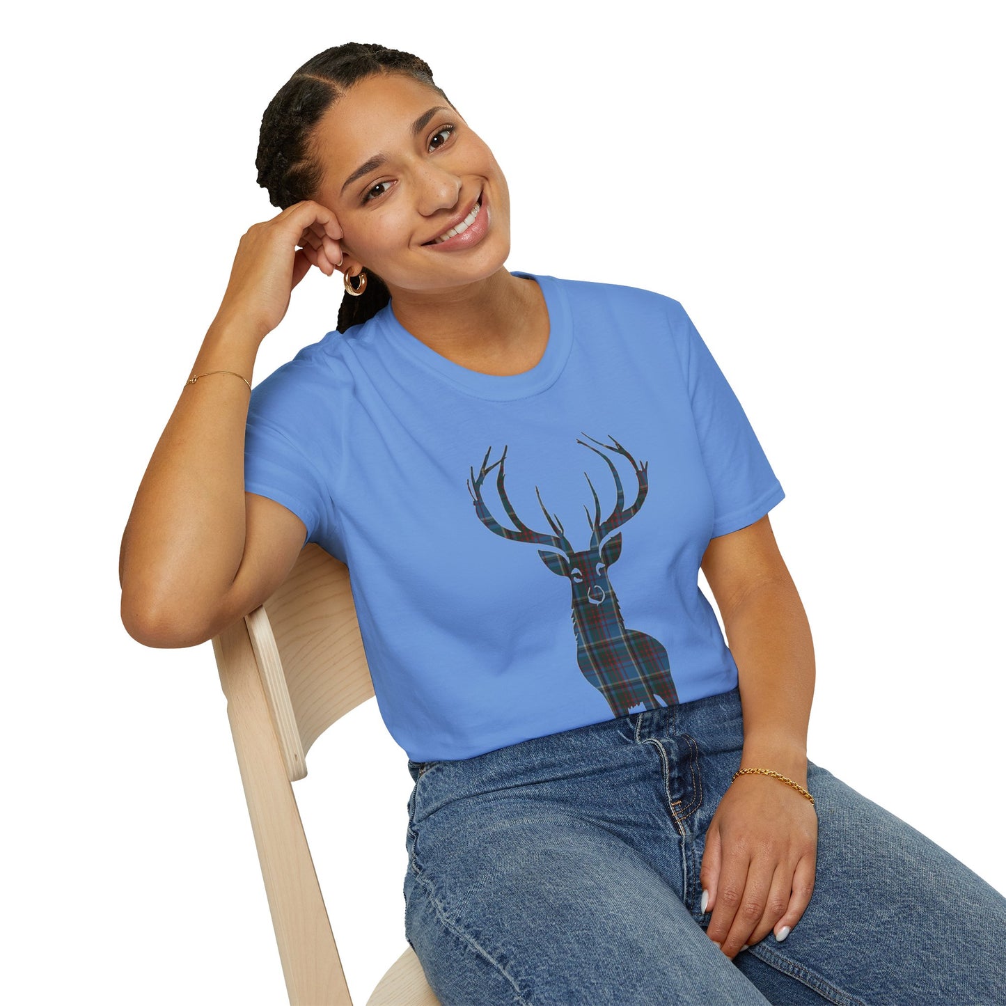 Tartan Stag Softstyle T-Shirt - Anderson Old Tartan, Unisex Tee, Scottish Scenery, Various Colours