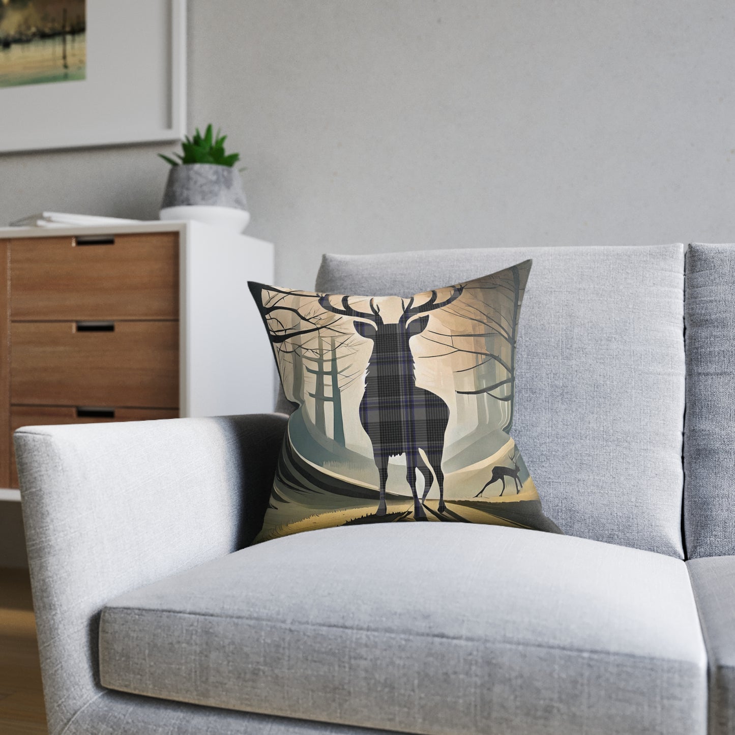 Reversible Square Cushion : Stag / Scotland Map - Hood Tartan, Various Sizes