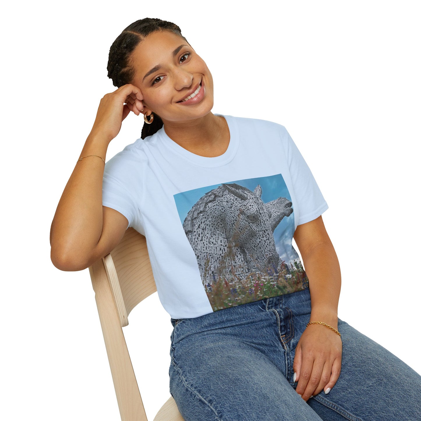 Scottish Kelpies with Meadow Photo Softstyle Unisex T-Shirt, Scotland Tee