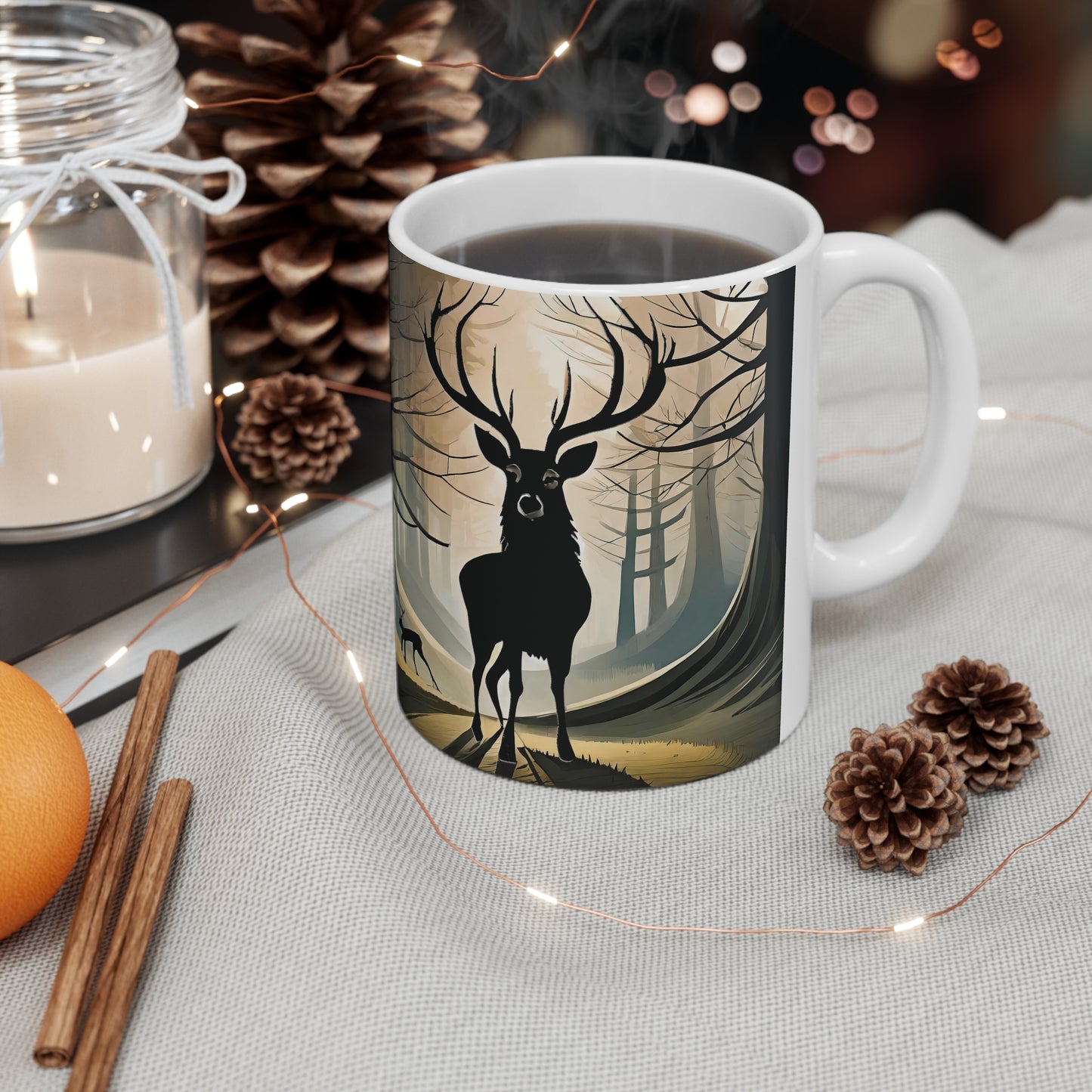 Stag Silhouette Woodland Scene Mug, Coffee Cup, Tea Cup, Scotland, White