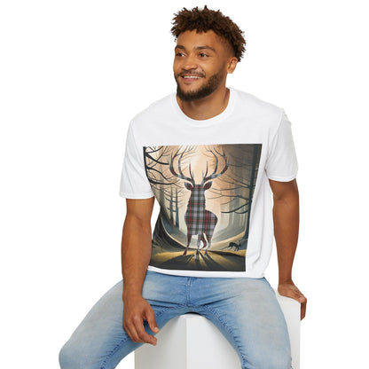 Stag Tartan Silhouette Softstyle T-Shirt - Stewart Dress Tartan, Unisex Tee, Scottish Scenery, Various Colours