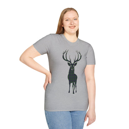 Tartan Stag Softstyle T-Shirt - Black Watch Tartan, Unisex Tee, Scottish Scenery, Various Colours