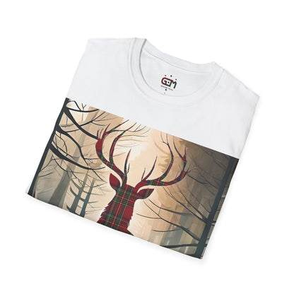 Stag Tartan Silhouette Softstyle T-Shirt - Stewart Royal Tartan, Unisex Tee, Scottish Scenery, Various Colours