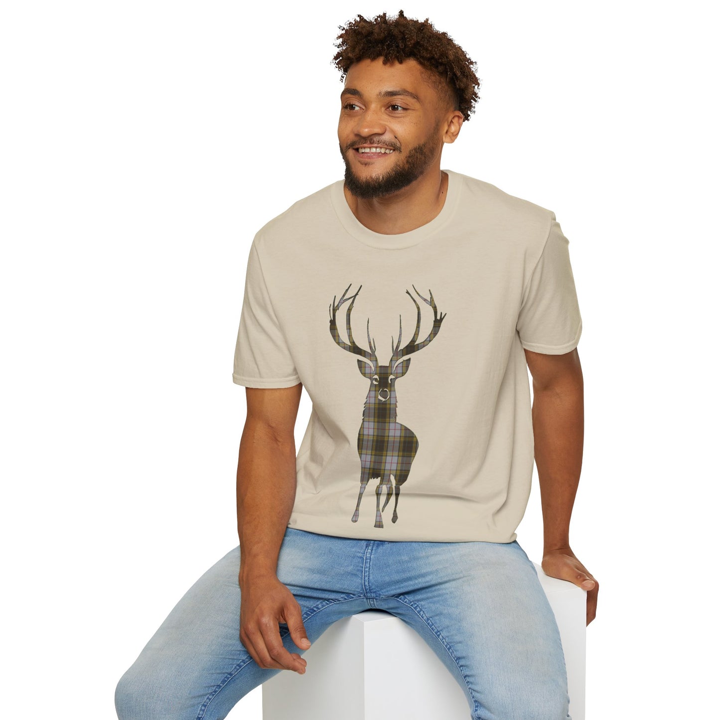 Tartan Stag Softstyle T-Shirt - Buchanan Tartan, Unisex Tee, Scottish Scenery, Various Colours