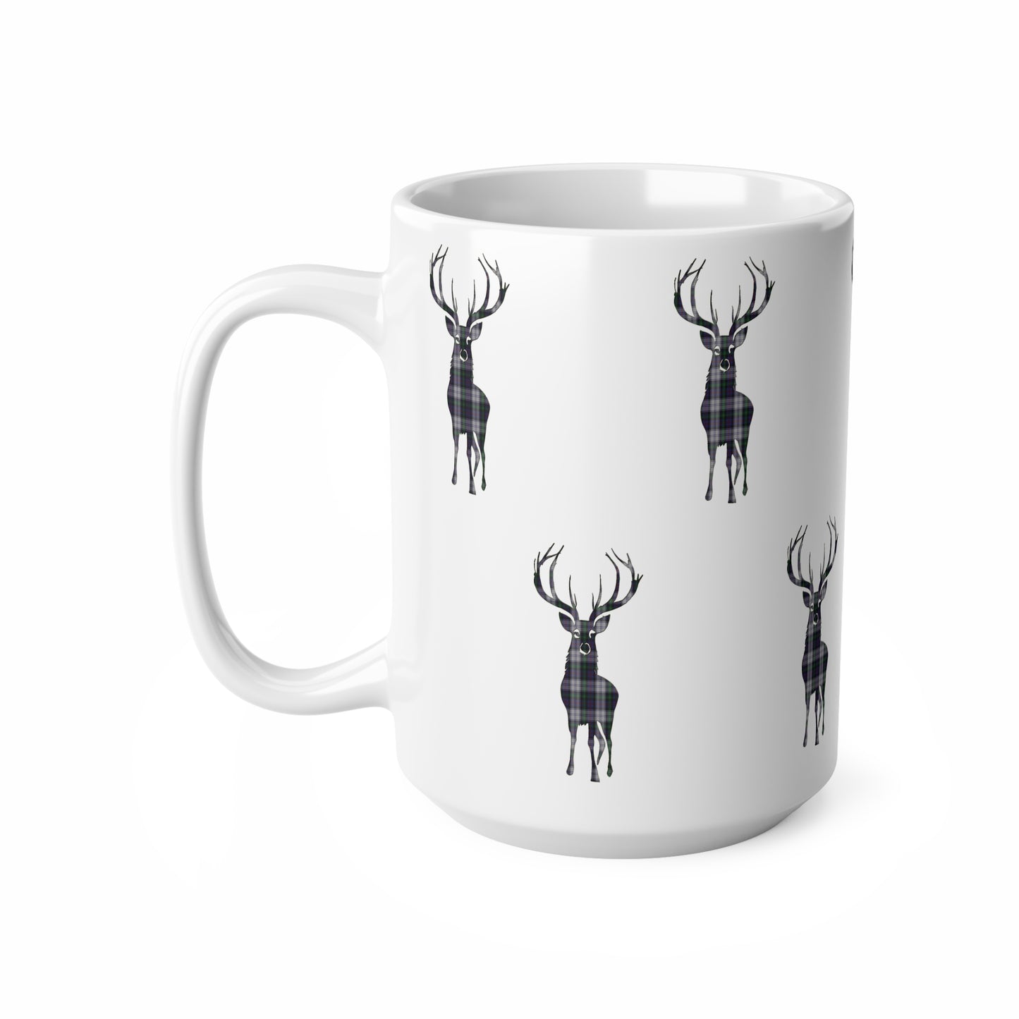 Tartan Stag Mug - Argyle Dress Tartan, Coffee Cup, Tea Cup, Scotland, White