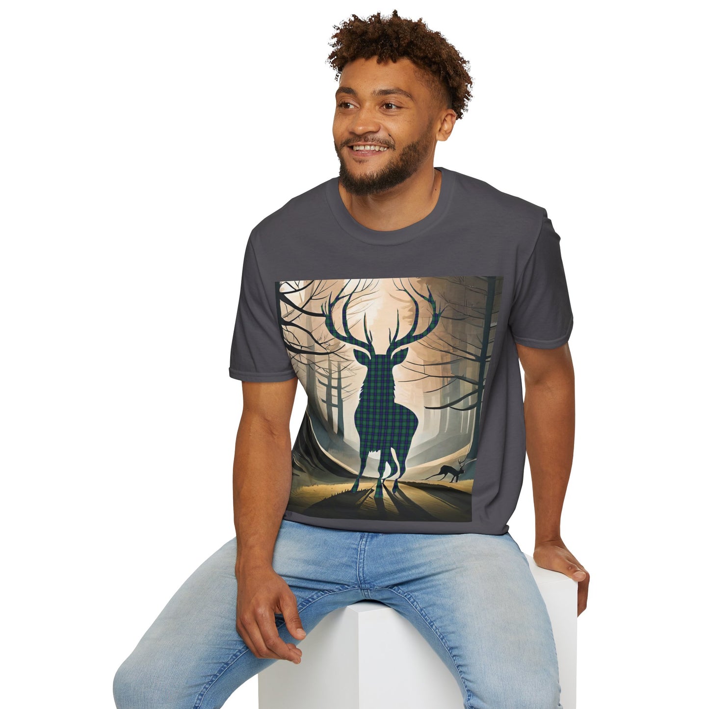 Stag Tartan Silhouette Softstyle T-Shirt - Douglas Tartan, Unisex Tee, Scottish Scenery, Various Colours