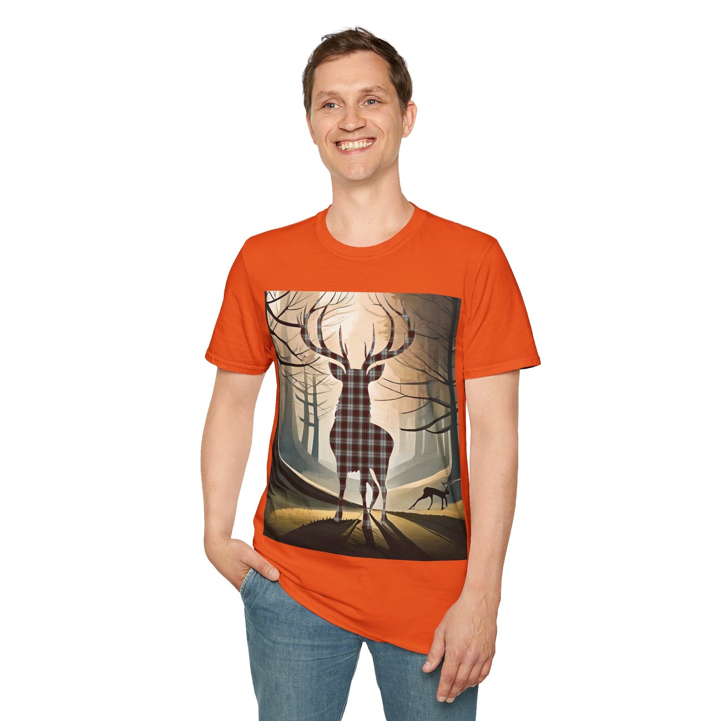 Stag Tartan Silhouette Softstyle T-Shirt - Fraser Tartan, Unisex Tee, Scottish Scenery, Various Colours