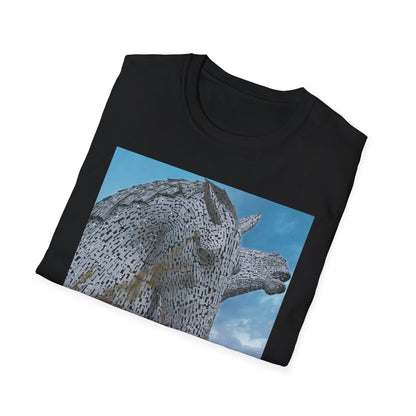 Scottish Kelpies with Meadow Photo Softstyle Unisex T-Shirt, Scotland Tee