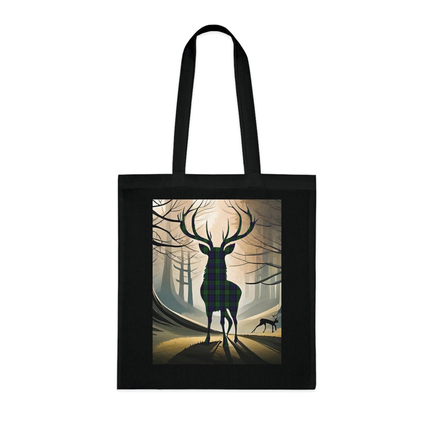 Reversible Scotland Tartan Stag Cotton Tote Bag - Black Watch Tartan