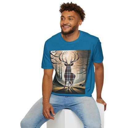 Stag Tartan Silhouette Softstyle T-Shirt - Stewart Dress Tartan, Unisex Tee, Scottish Scenery, Various Colours