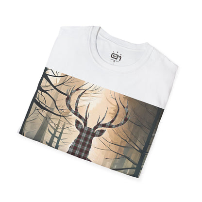 Stag Tartan Silhouette Softstyle T-Shirt - Fraser Tartan, Unisex Tee, Scottish Scenery, Various Colours