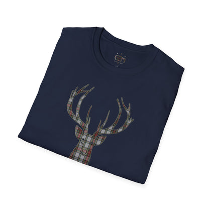 Tartan Stag Softstyle T-Shirt - Stewart Dress Tartan, Unisex Tee, Scottish Scenery, Various Colours