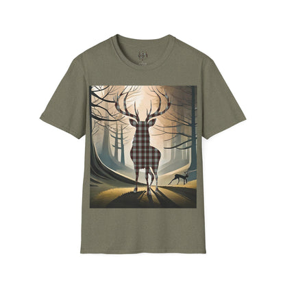 Stag Tartan Silhouette Softstyle T-Shirt - Fraser Tartan, Unisex Tee, Scottish Scenery, Various Colours