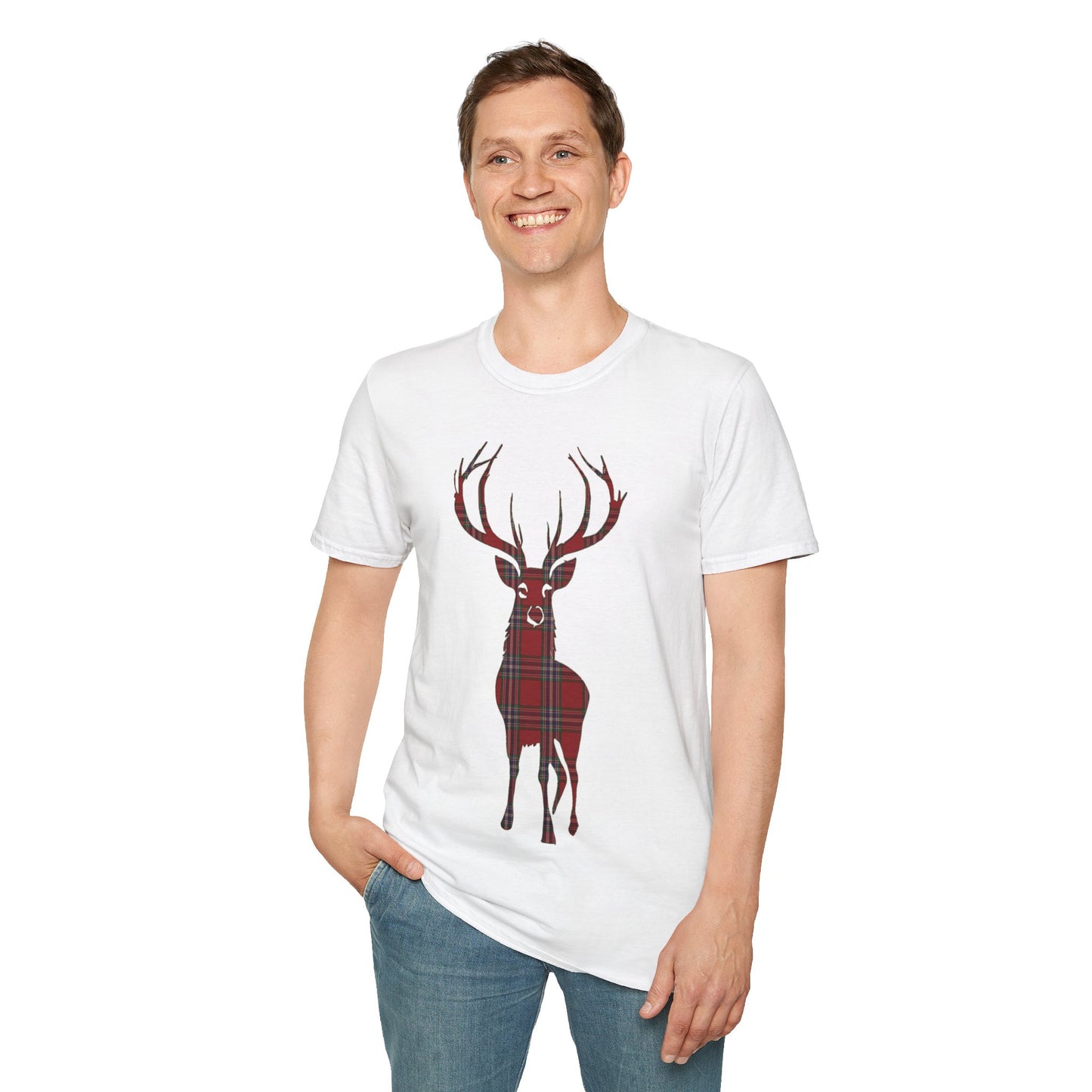 Tartan Stag Softstyle T-Shirt - MacFarlane Tartan, Unisex Tee, Scottish Scenery, Various Colours