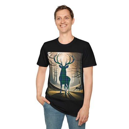 Stag Tartan Silhouette Softstyle T-Shirt - Flower of Scotland Tartan, Unisex Tee, Scottish Scenery, Various Colours