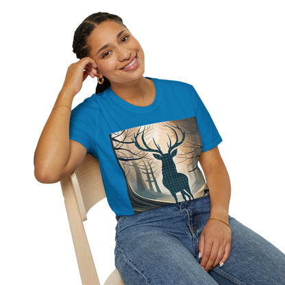 Stag Tartan Silhouette Softstyle T-Shirt - Douglas Tartan, Unisex Tee, Scottish Scenery, Various Colours