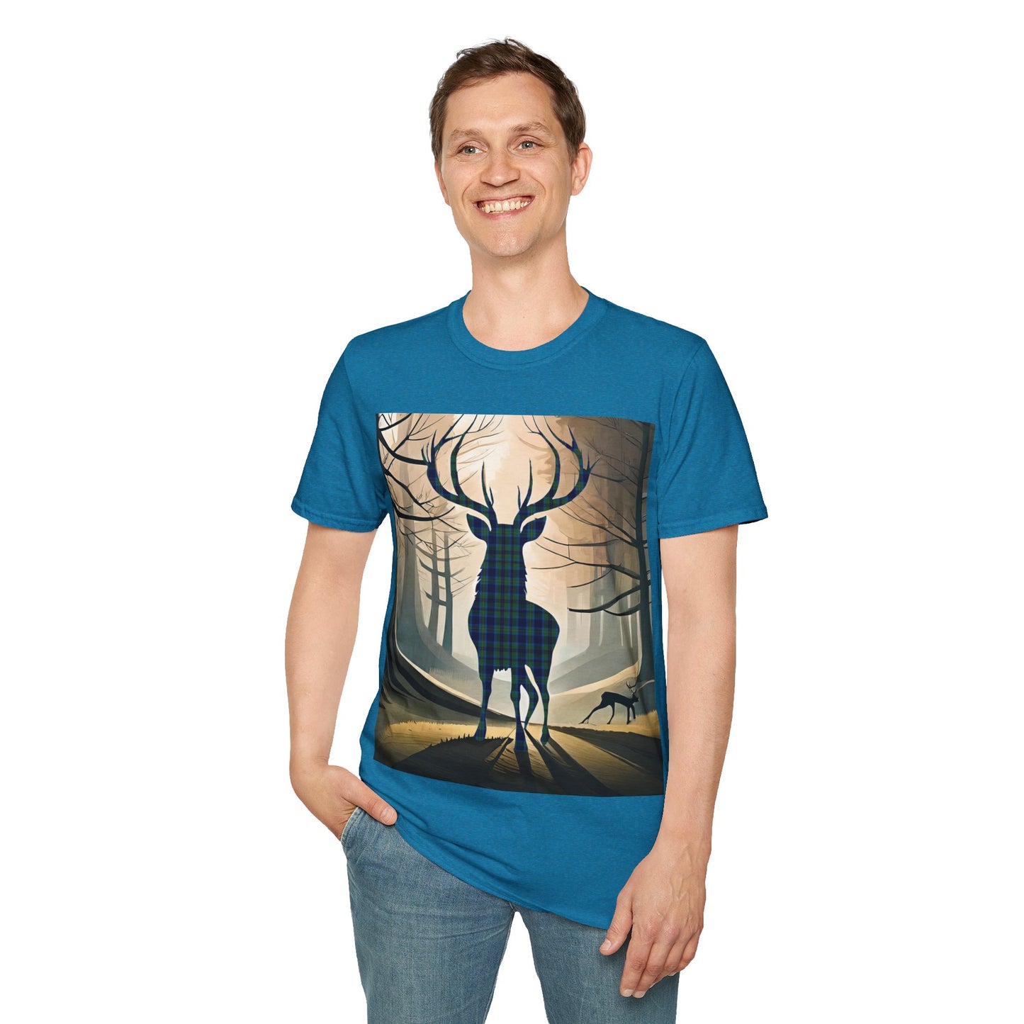 Stag Tartan Silhouette Softstyle T-Shirt - Miller Tartan, Unisex Tee, Scottish Scenery, Various Colours