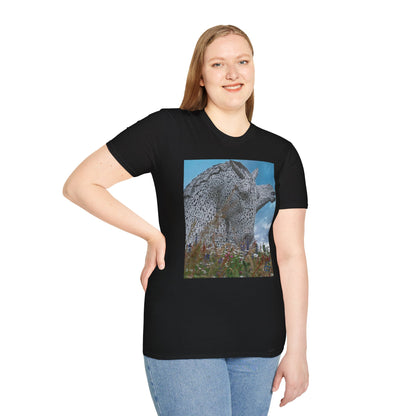 Scottish Kelpies with Meadow Photo Softstyle Unisex T-Shirt, Scotland Tee