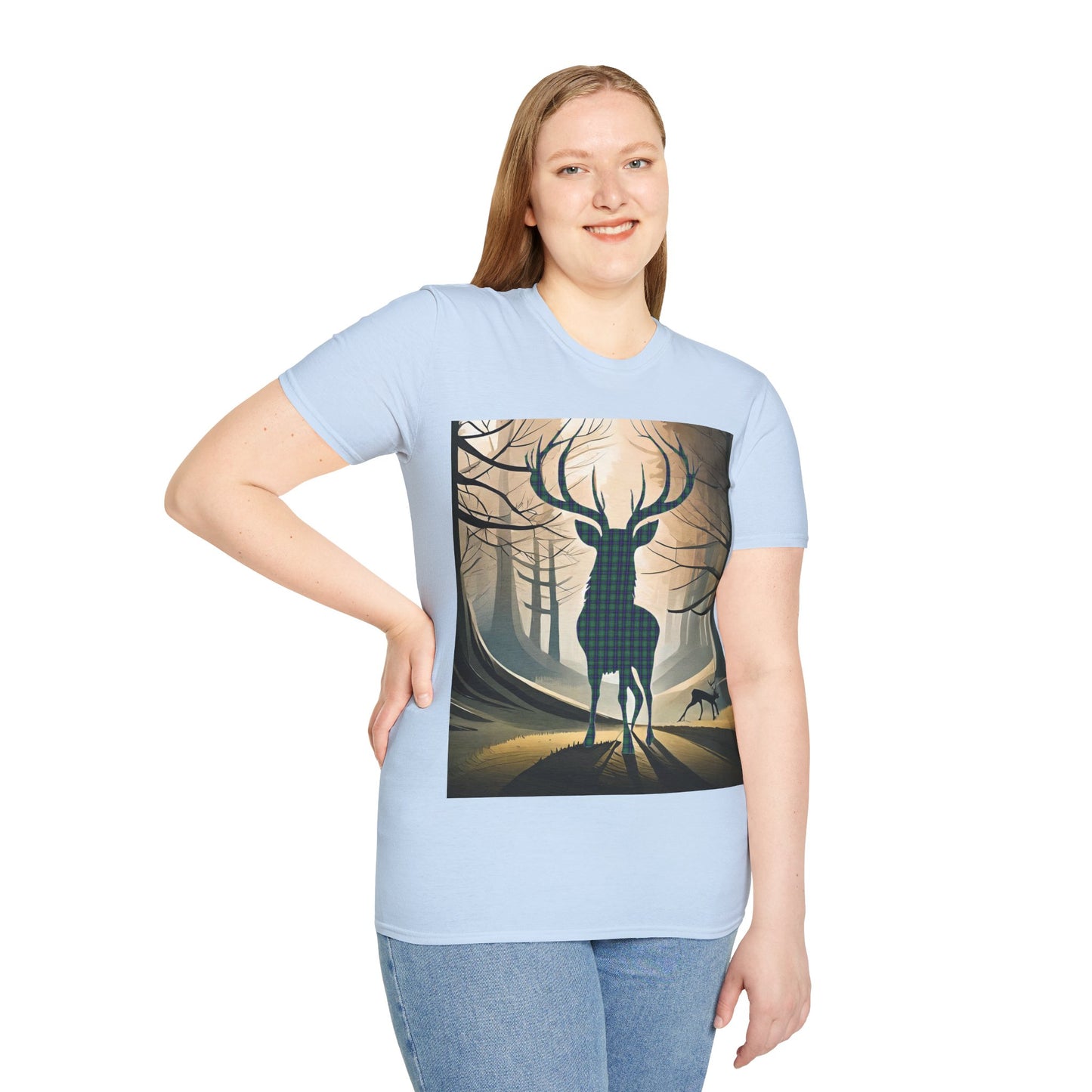 Stag Tartan Silhouette Softstyle T-Shirt - Douglas Tartan, Unisex Tee, Scottish Scenery, Various Colours