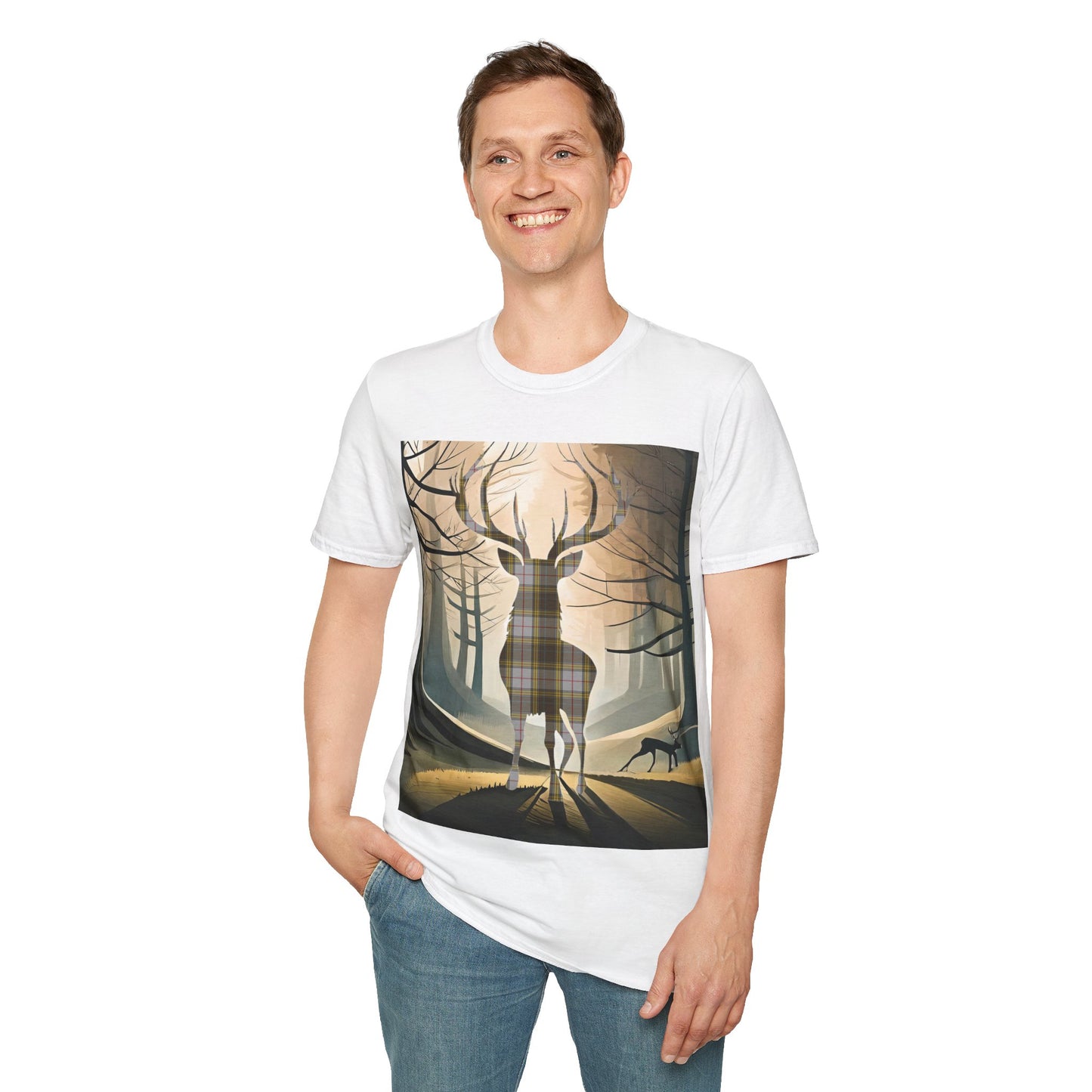 Stag Tartan Silhouette Softstyle T-Shirt - Buchanan Tartan, Unisex Tee, Scottish Scenery, Various Colours