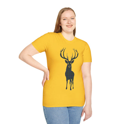 Tartan Stag Softstyle T-Shirt - Miller Tartan, Unisex Tee, Scottish Scenery, Various Colours