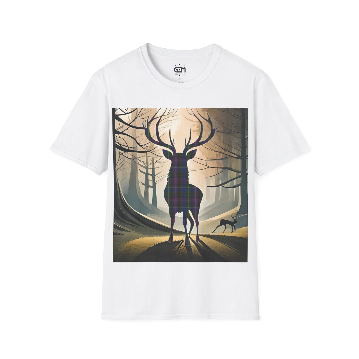 Stag Tartan Silhouette Softstyle T-Shirt - Rankin Tartan, Unisex Tee, Scottish Scenery, Various Colours