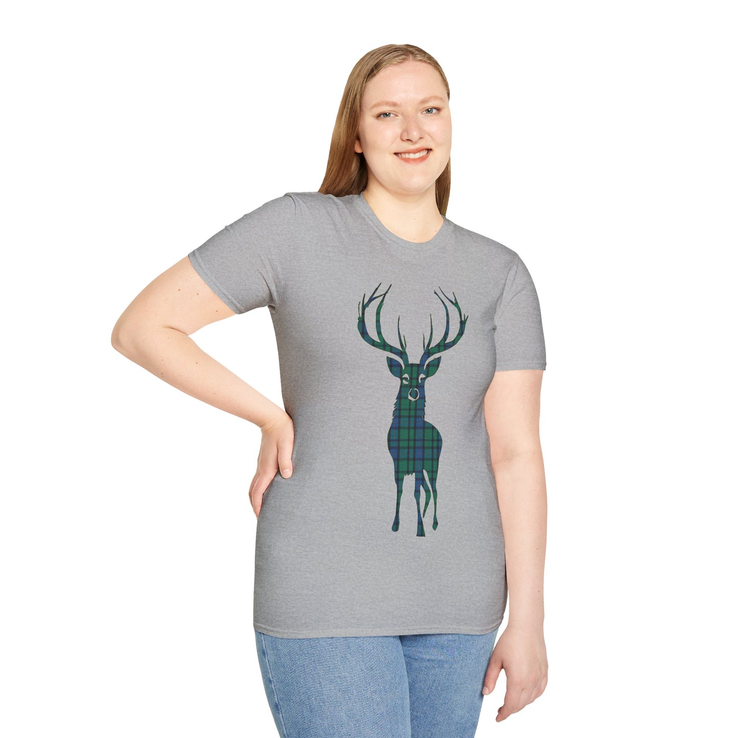 Tartan Stag Softstyle T-Shirt - Flower of Scotland Tartan, Unisex Tee, Scottish Scenery, Various Colours