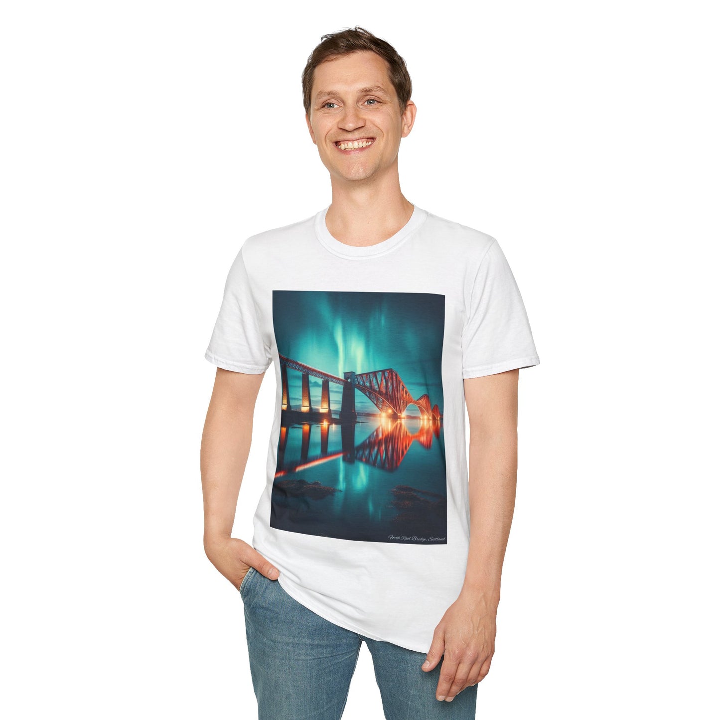 Forth Rail Bridge with Northern Lights Softstyle Unisex T-Shirt, Scotland Tee