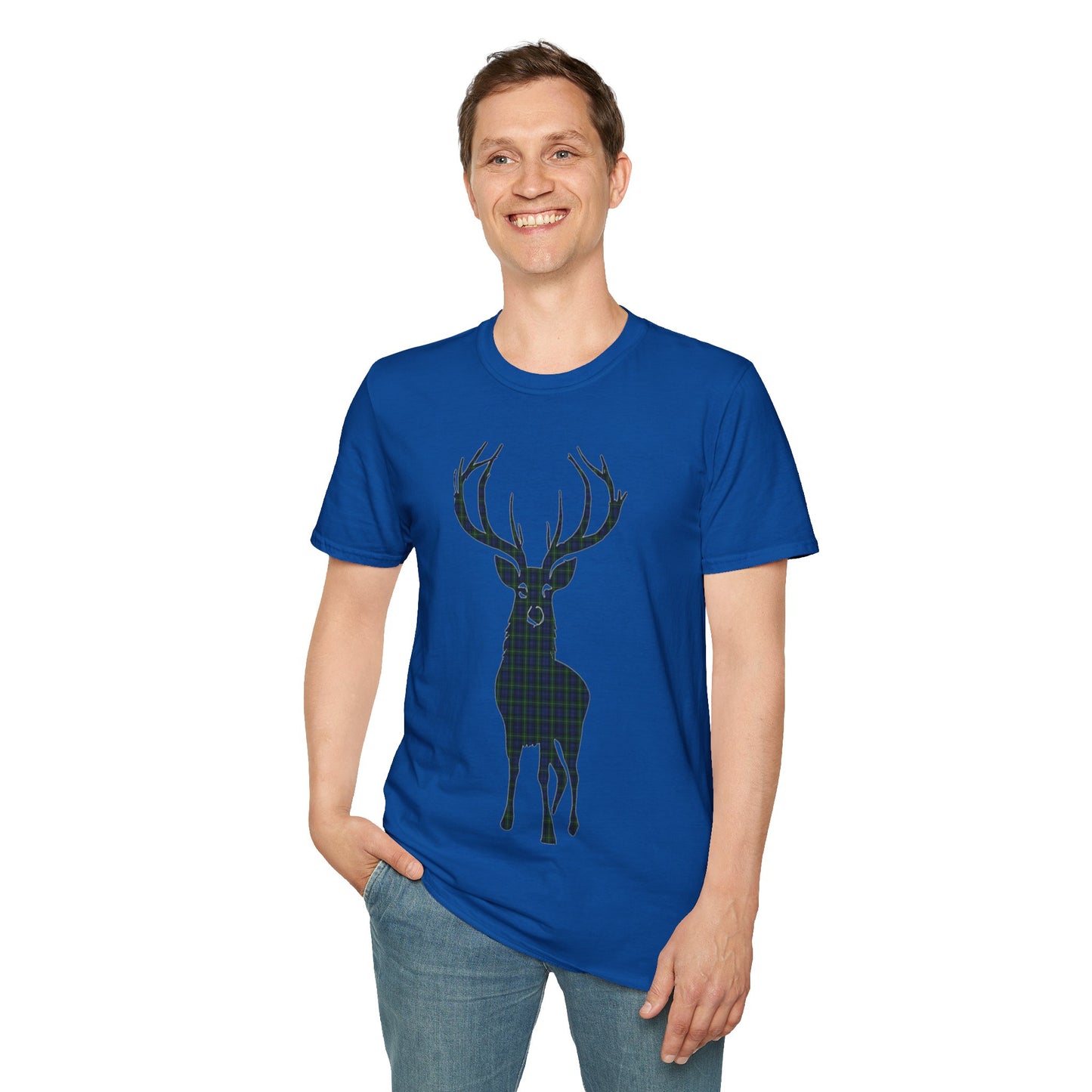 Tartan Stag Softstyle T-Shirt - Gordon Tartan, Unisex Tee, Scottish Scenery, Various Colours