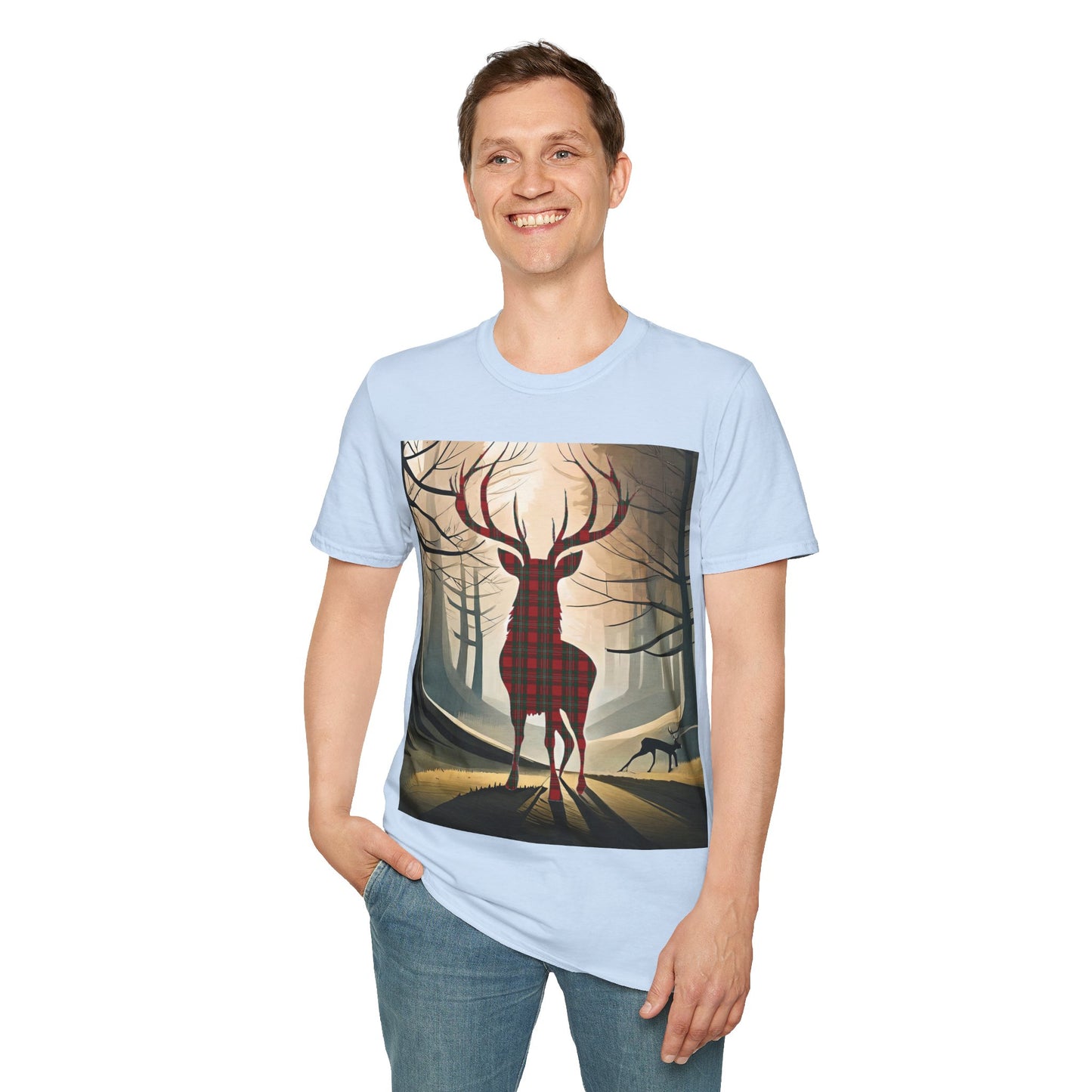 Stag Tartan Silhouette Softstyle T-Shirt - MacGregor Tartan, Unisex Tee, Scottish Scenery, Various Colours