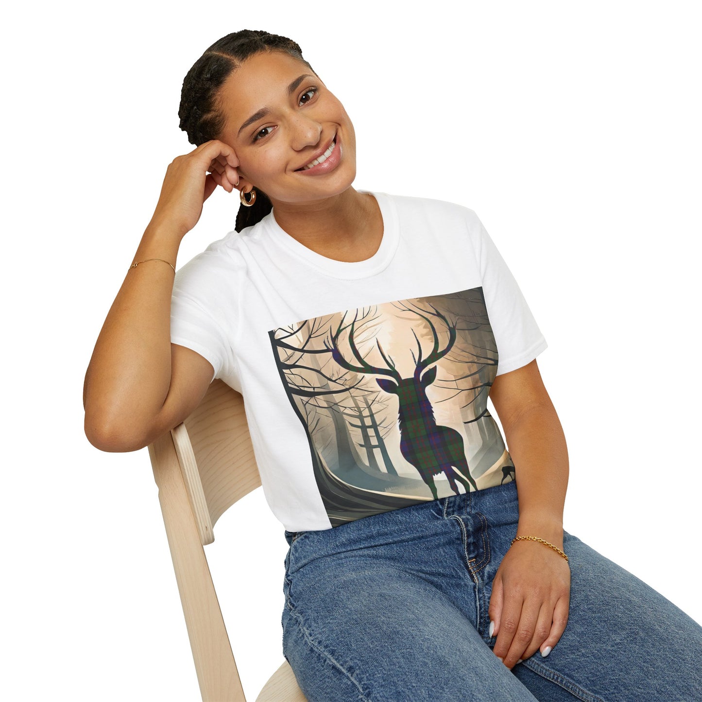 Stag Tartan Silhouette Softstyle T-Shirt - MacDonald Tartan, Unisex Tee, Scottish Scenery, Various Colours