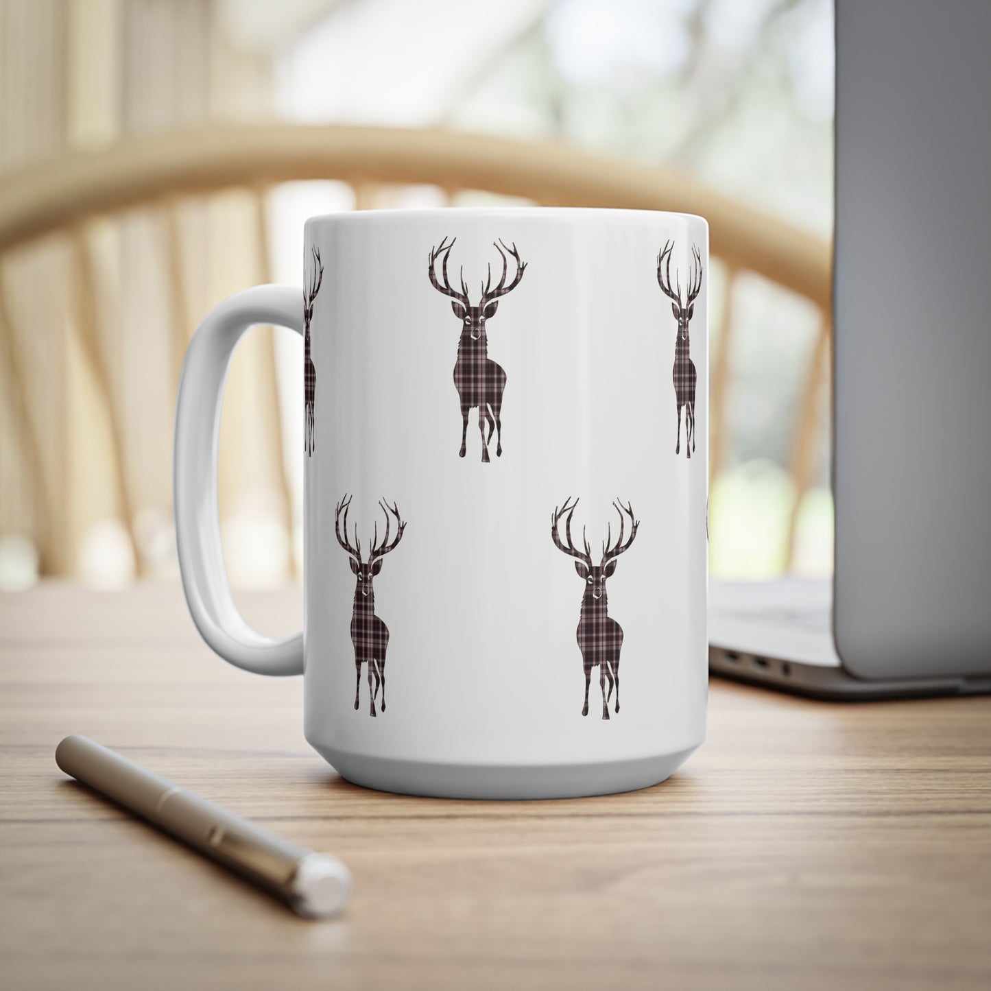 Tartan Stag Mug - MacPherson Tartan, Coffee Cup, Tea Cup, Scotland, White