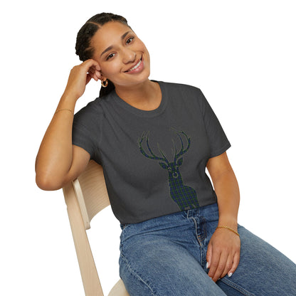 Tartan Stag Softstyle T-Shirt - Gordon Tartan, Unisex Tee, Scottish Scenery, Various Colours