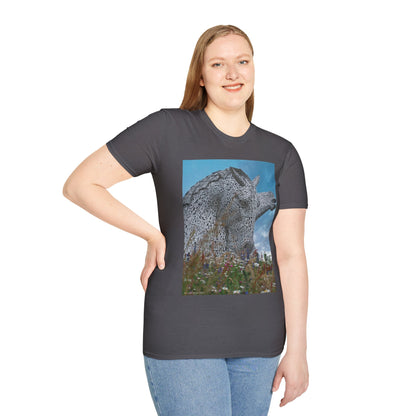 Kelpies with Meadow Photo Softstyle Unisex T-Shirt, Scottish Tee