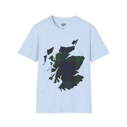 Scotland Tartan Map Softstyle Unisex T-Shirt, Black Watch Tartan, Various Colours