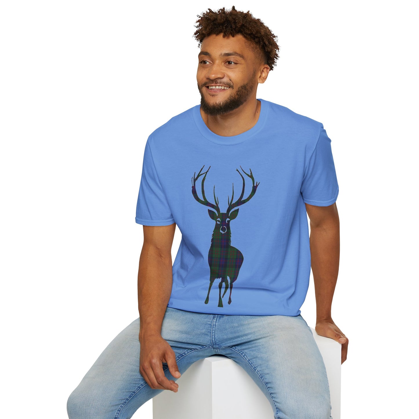 Tartan Stag Softstyle T-Shirt - MacDonald Tartan, Unisex Tee, Scottish Scenery, Various Colours