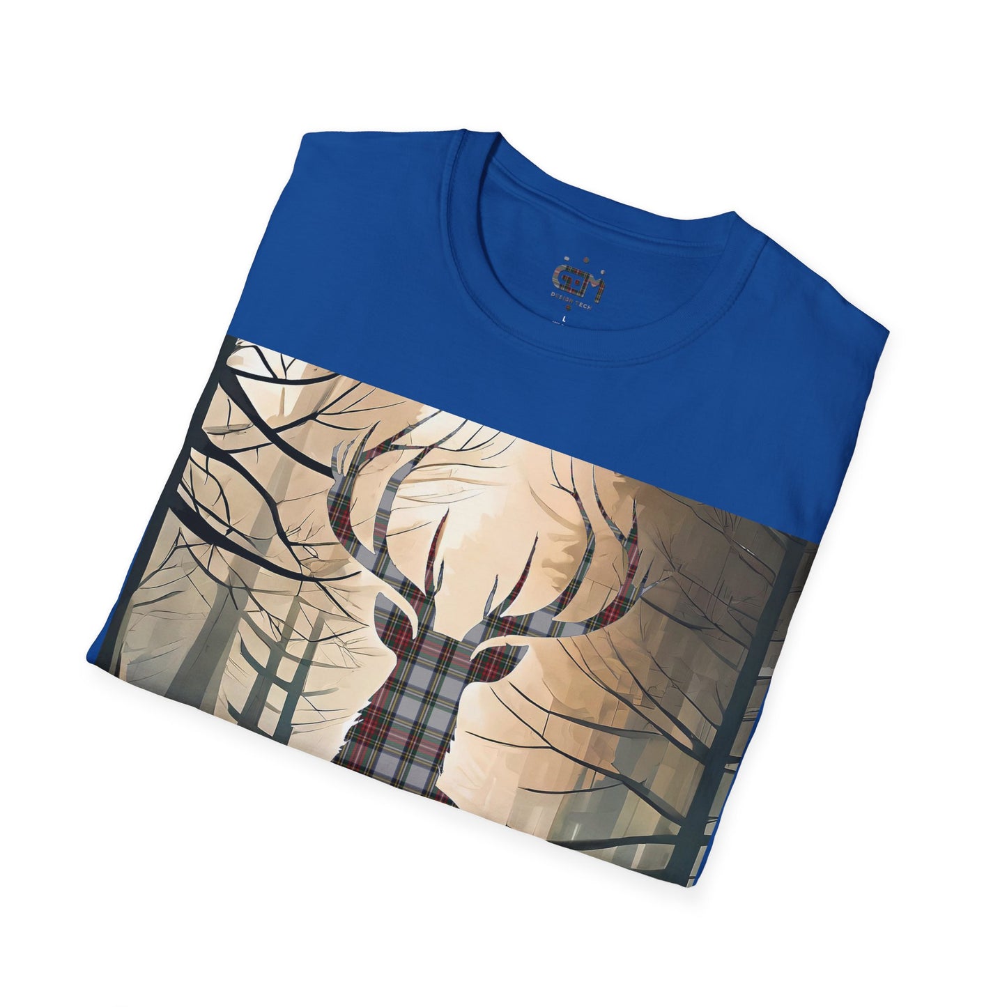 Stag Tartan Silhouette Softstyle T-Shirt - Stewart Dress Tartan, Unisex Tee, Scottish Scenery, Various Colours