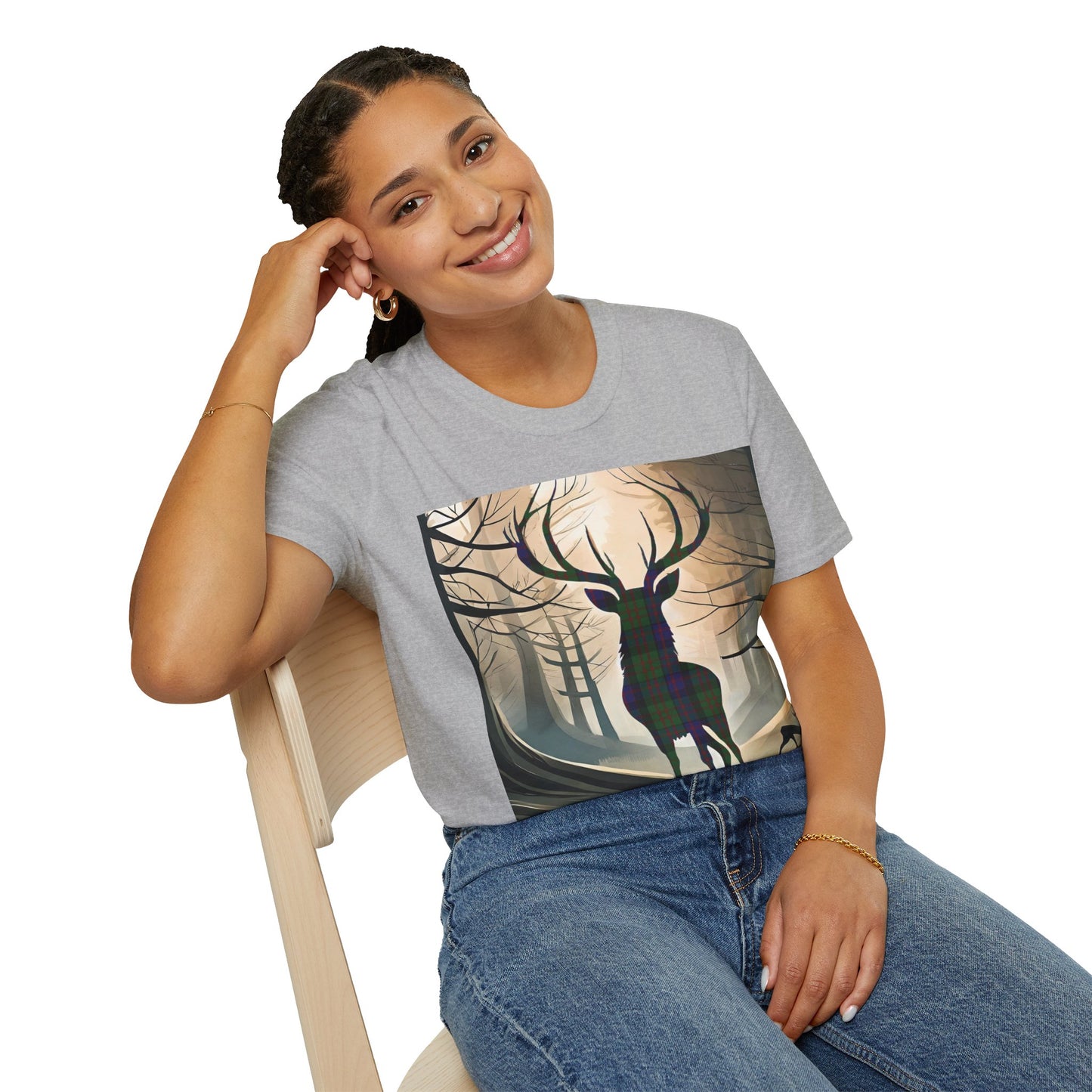 Stag Tartan Silhouette Softstyle T-Shirt - MacDonald Tartan, Unisex Tee, Scottish Scenery, Various Colours