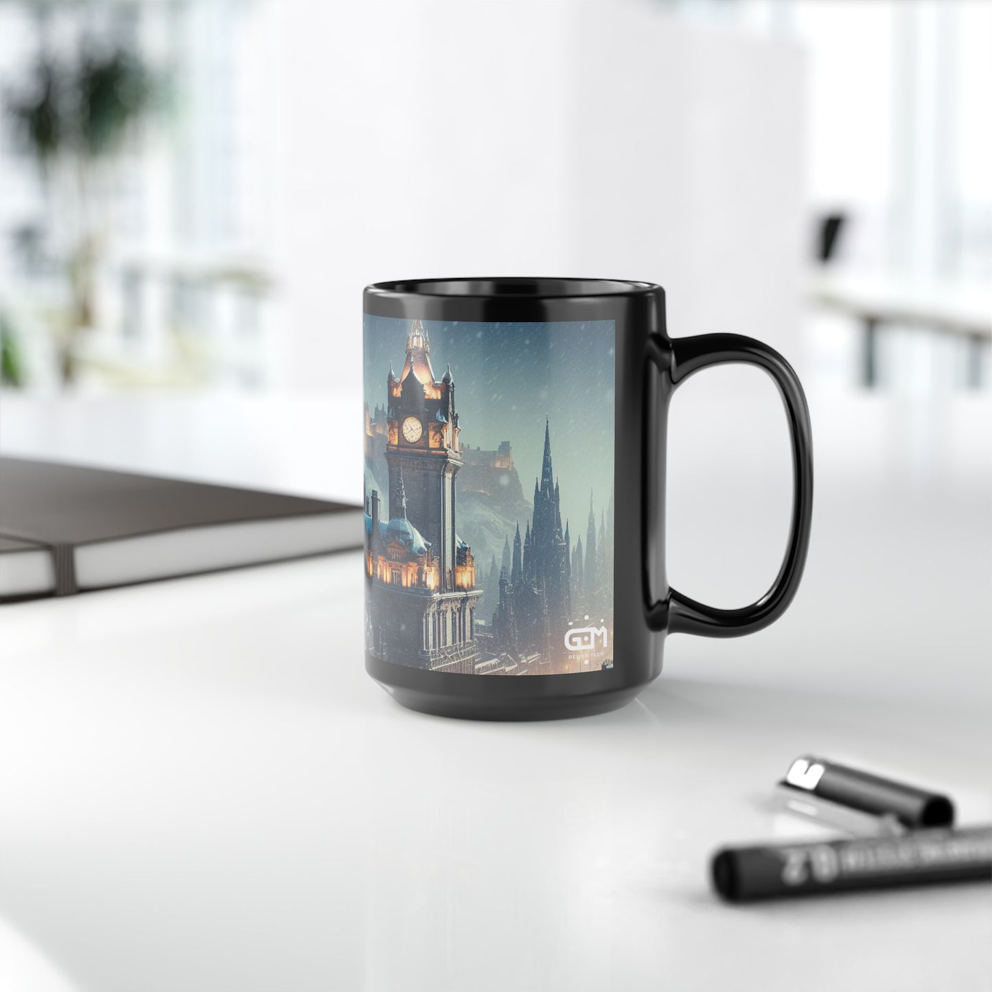 Edinburgh in Winter Mug, Coffee Cup, Tea Cup, Scottish Art, Scottish Landmarks, Scottish Nature, Black