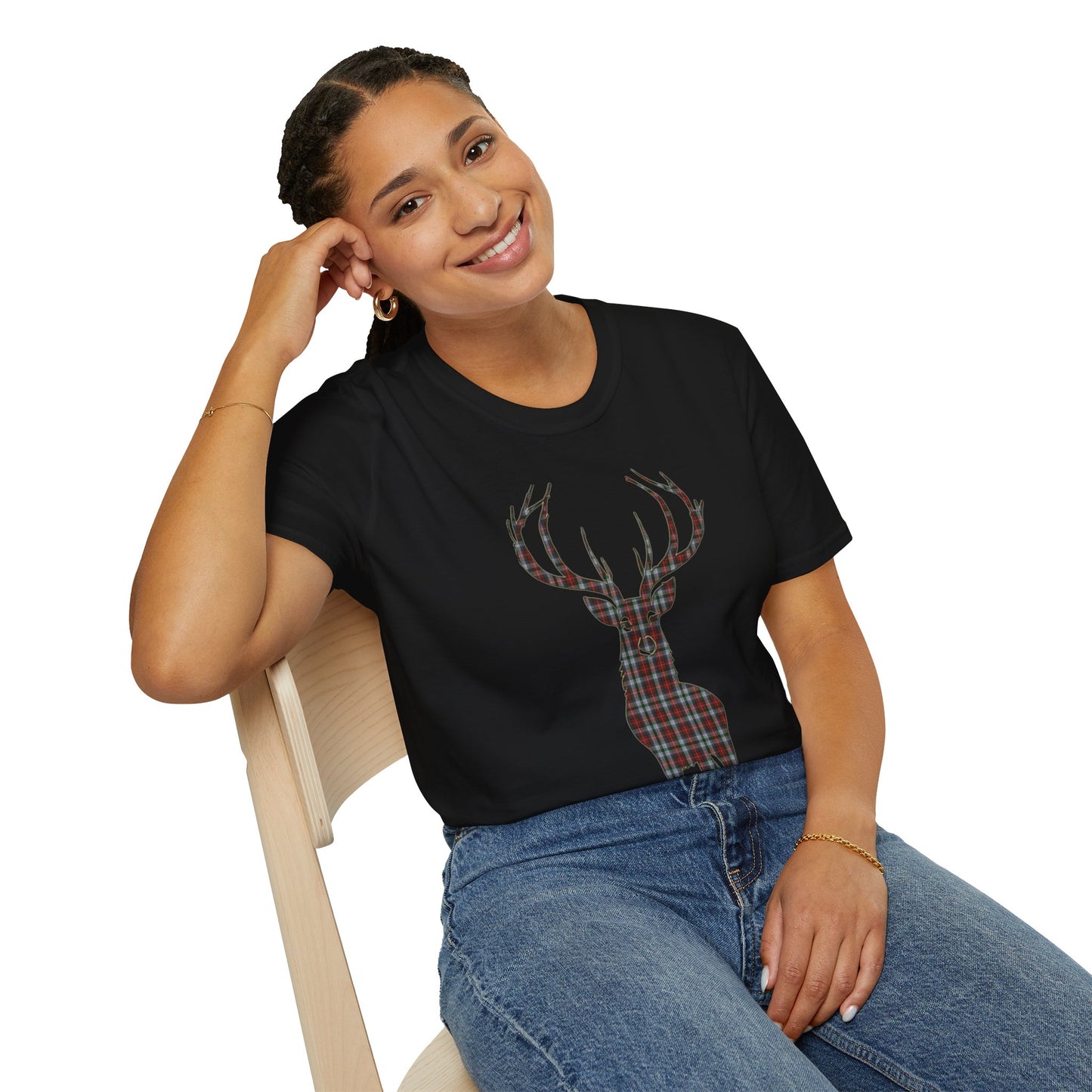 Tartan Stag Softstyle T-Shirt - Stewart Tartan, Unisex Tee, Scottish Scenery, Various Colours