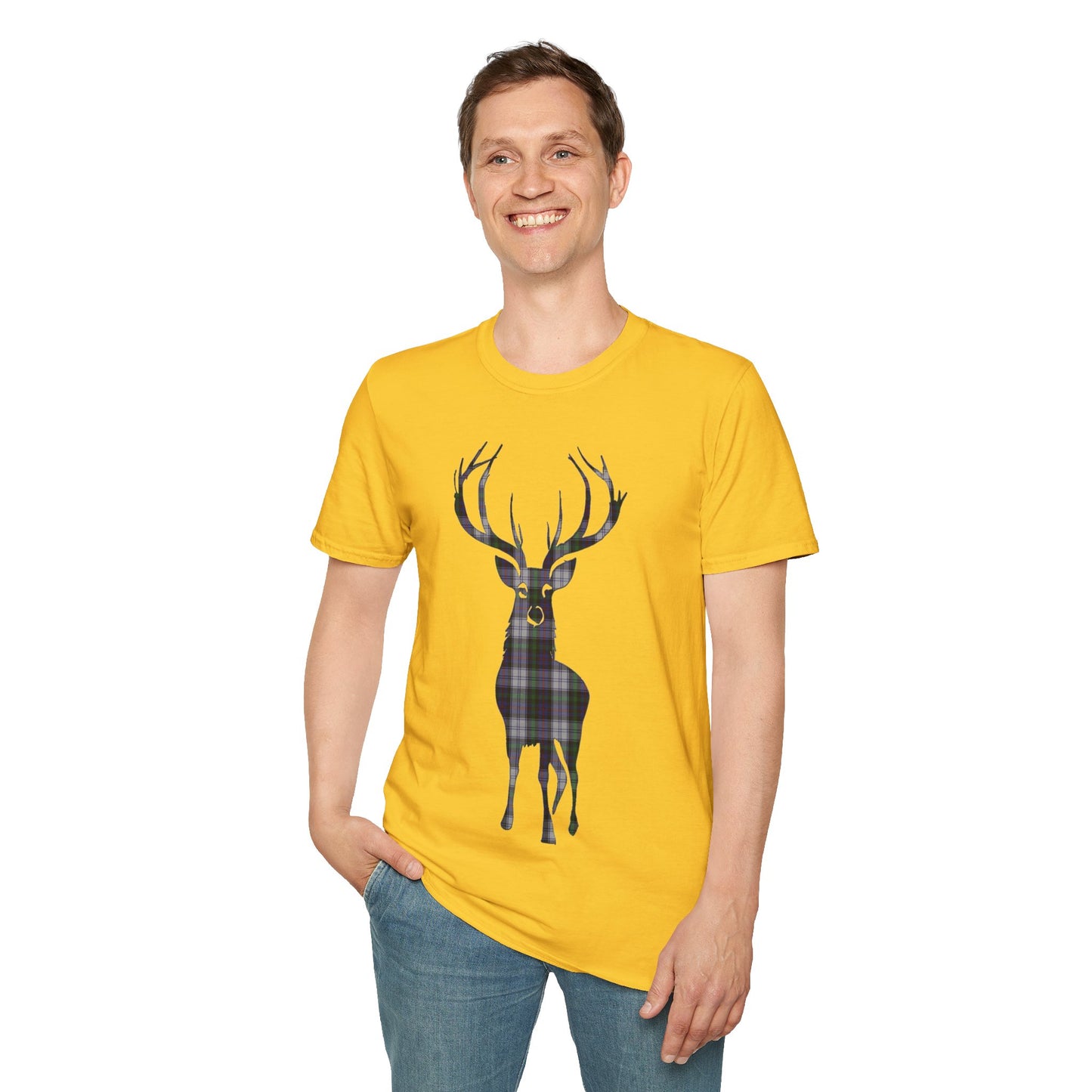 Tartan Stag Softstyle T-Shirt - Argyle Dress Tartan, Unisex Tee, Scottish Scenery, Various Colours