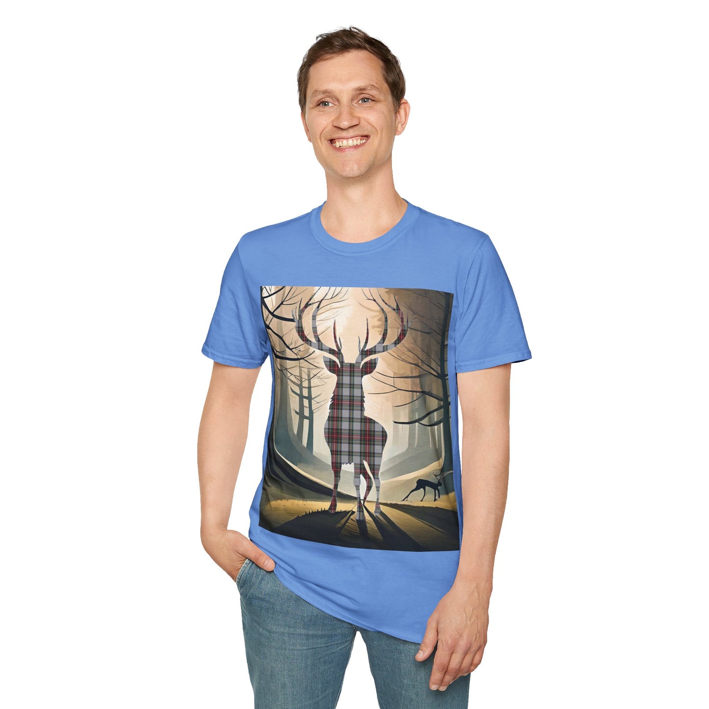 Stag Tartan Silhouette Softstyle T-Shirt - Stewart Dress Tartan, Unisex Tee, Scottish Scenery, Various Colours